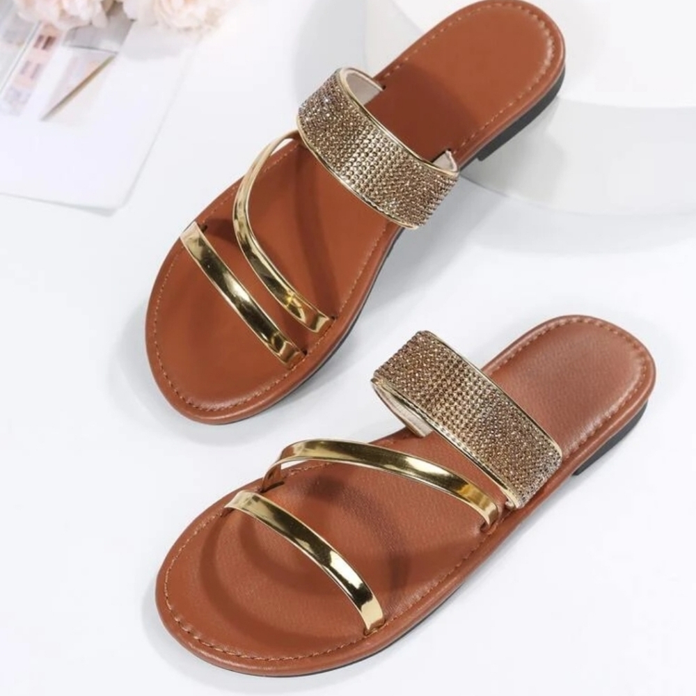 Metallic Rhinestone Decor Slide Sandals